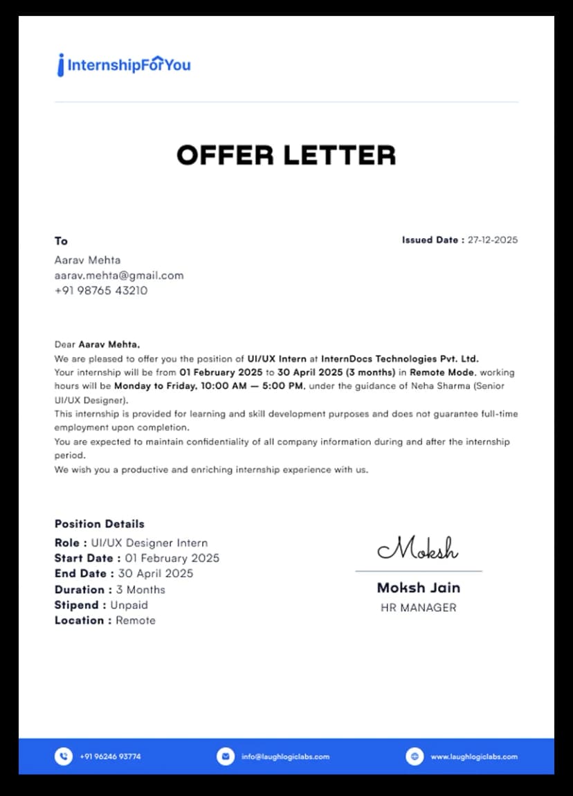 Internship offer letter sample from InternshipForYou
